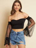 Casual Bishop Sleeve Solid Women Black Top