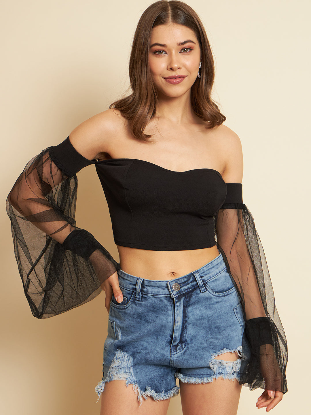 Casual Bishop Sleeve Solid Women Black Top