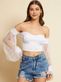 Casual Bishop Sleeve Solid Women White Top
