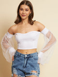 Casual Bishop Sleeve Solid Women White Top
