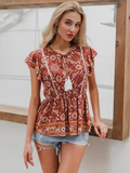 Casual Cap Sleeves Printed Women Multicolor Top
